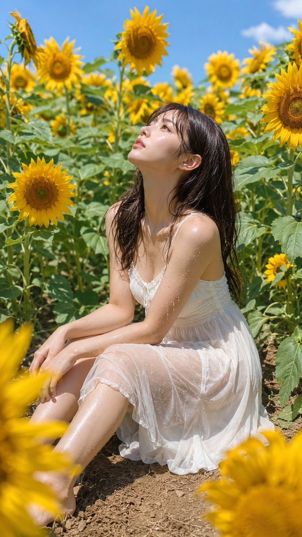 A young woman in a sheer white dress sitting among blooming sunflowers on a sunny day.