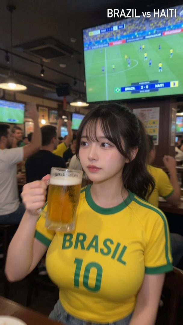 Young East Asian woman in a Brazil soccer jersey holding a beer mug in a sports bar with a match on TV.