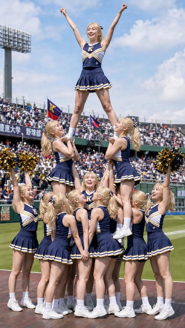 A group of blonde cheerleaders in blue and white uniforms form a pyramid on a sunny day at a stadium.