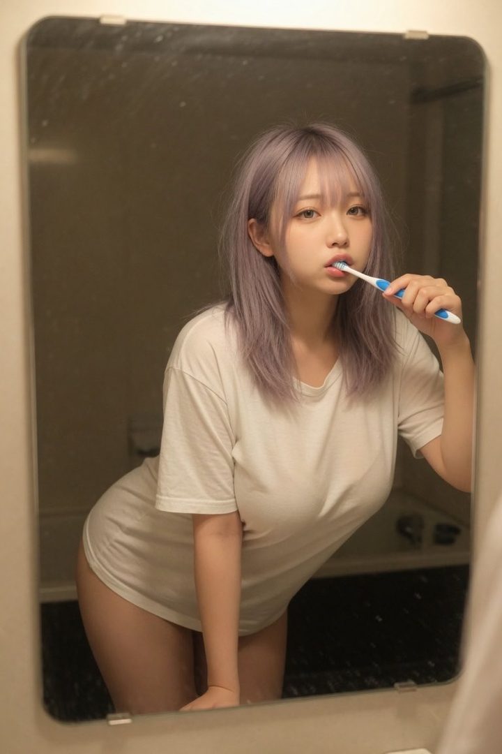 A young woman with purple hair and an oversized white t-shirt brushes her teeth in a bathroom, reflected in a mirror.