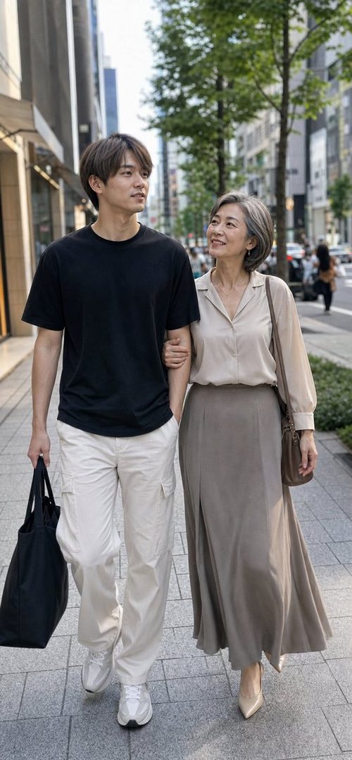 A man and an older woman walk arm-in-arm down a city street during the daytime.