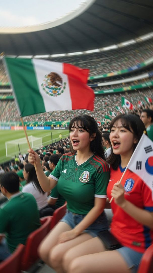 Two young women in a stadium, one holding a Mexican flag and the other a Korean flag, cheering during a soccer match.