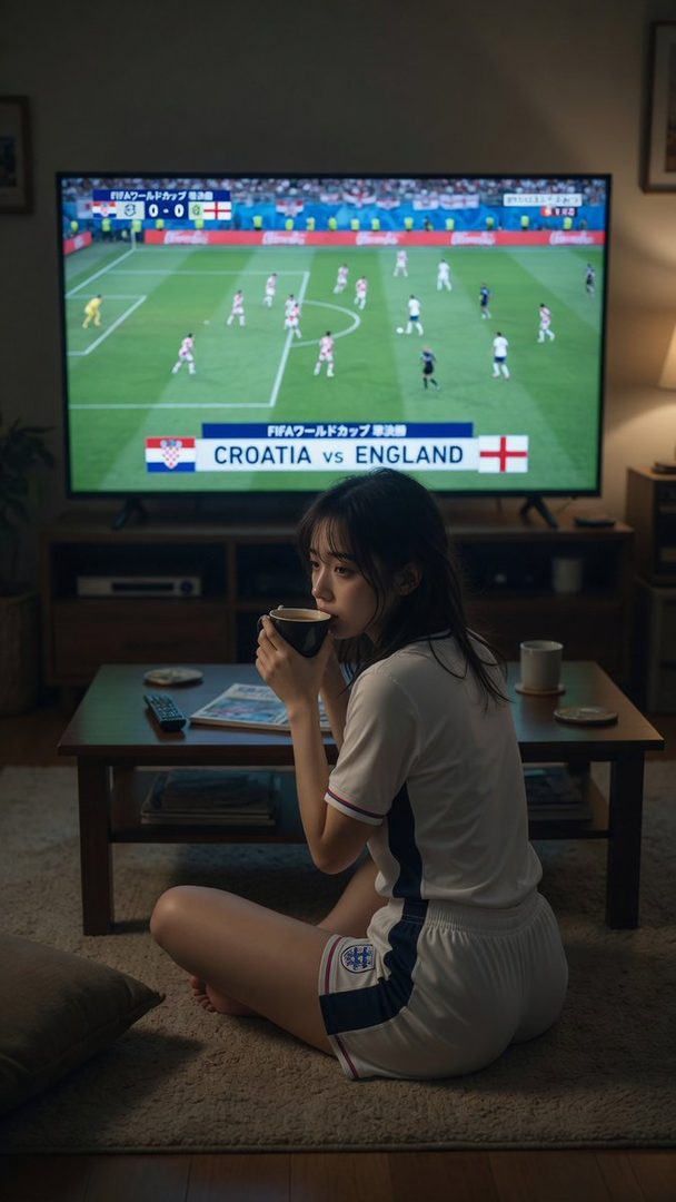 A young woman in sportswear sits on the floor, drinking from a mug while watching a soccer game on a large TV.
