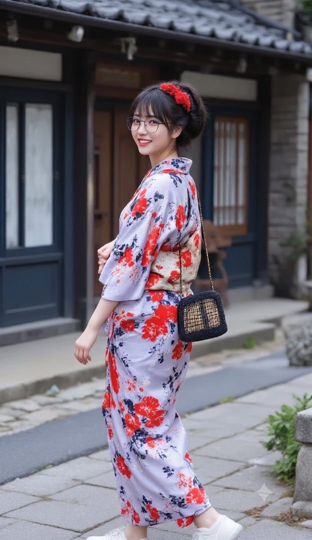 A young woman in a floral kimono and glasses smiles while walking on a traditional Japanese street.