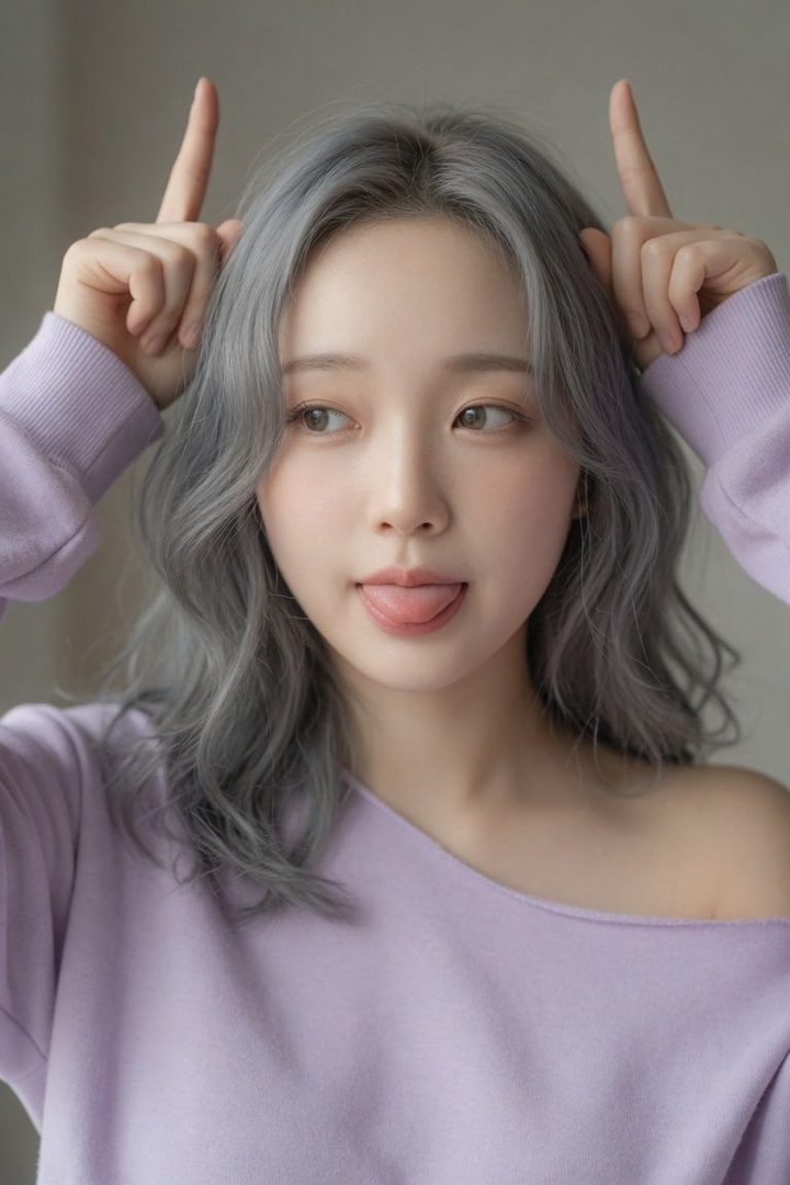 A playful woman with silver wavy hair and a lavender off-shoulder top sticks out her tongue and makes horn gestures with her hands.