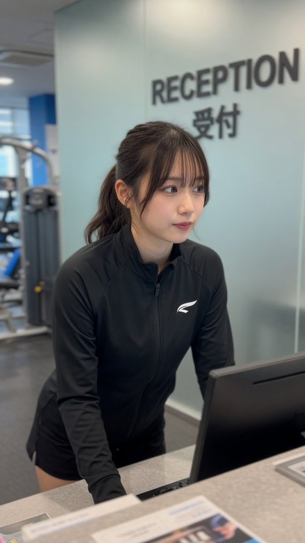 A young woman with brown hair tied in a ponytail and bangs, wearing black sportswear, stands at a reception desk indoors.