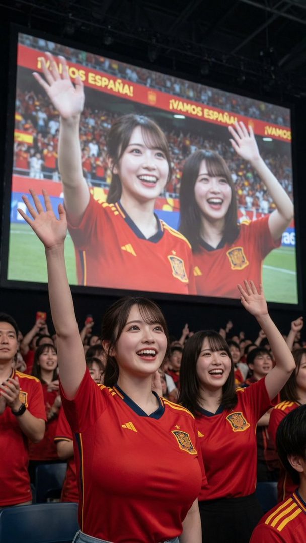 Two young women in red soccer jerseys cheer excitedly while watching a game on a large screen indoors.
