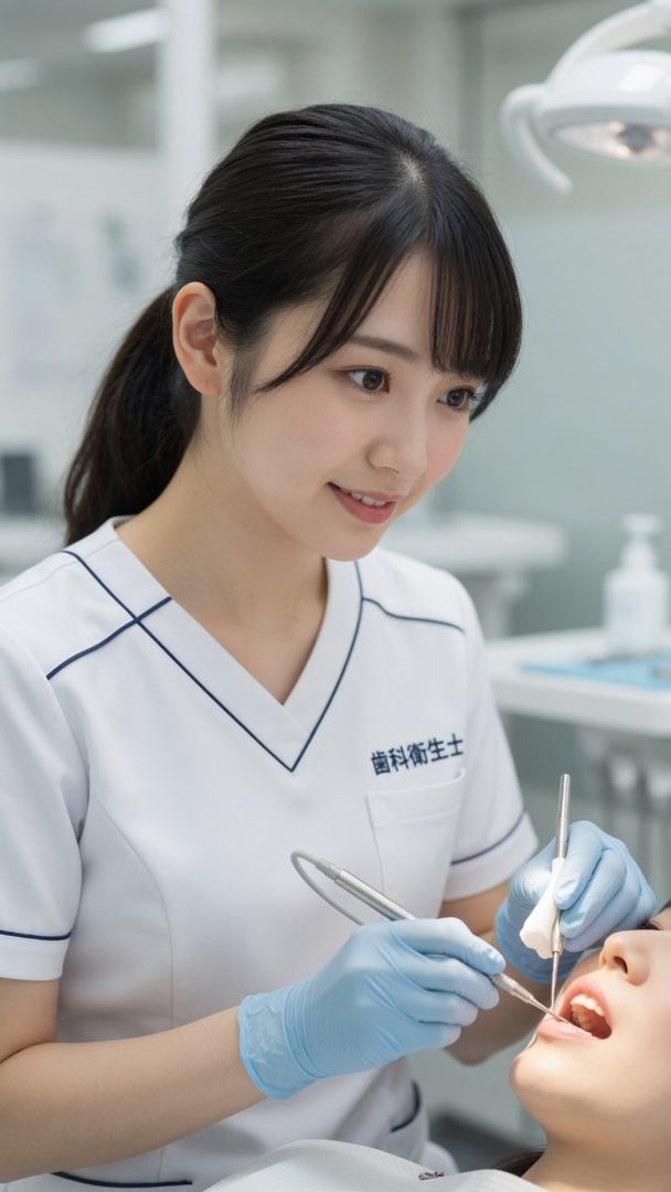 A young woman in a dental hygienist uniform is performing a dental check-up on a patient.
