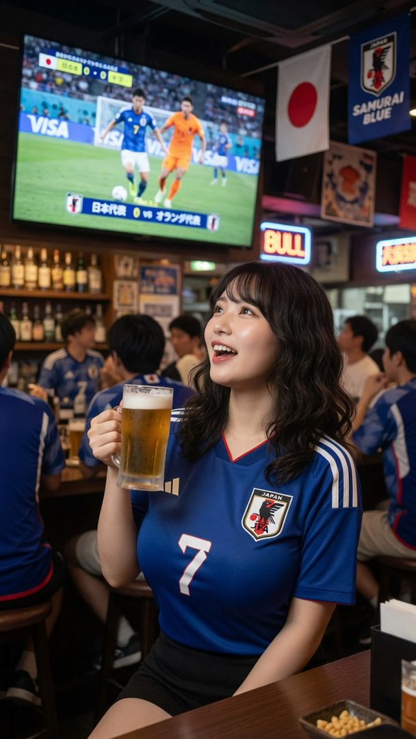 A young woman in a blue Japan national football team jersey holds a beer mug and watches a football match on a large screen in a bar.