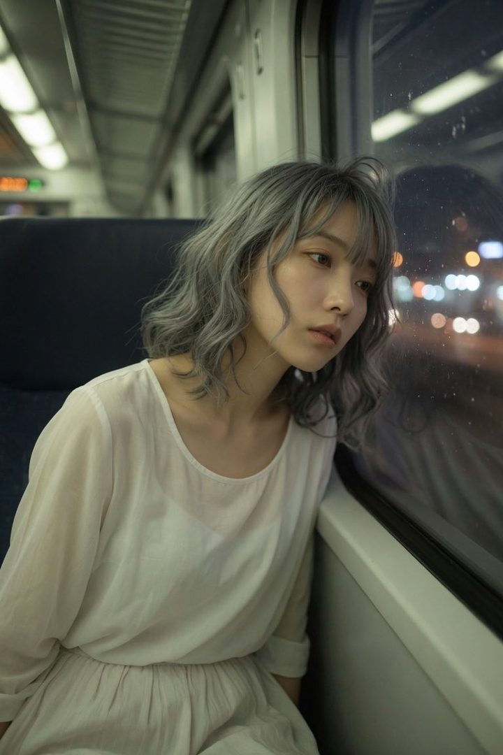 A young woman with silver wavy hair looks out a train window at night, wearing a white dress.