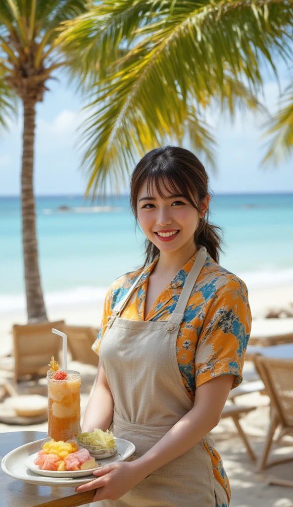 A smiling woman in an apron holds a tray with a drink and fruit on a sunny beach.