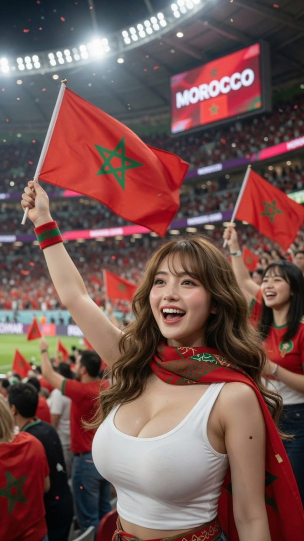 A young woman with long brown hair, wearing a white tank top and a red scarf, cheers enthusiastically while holding a Moroccan flag in a crowded stadium.