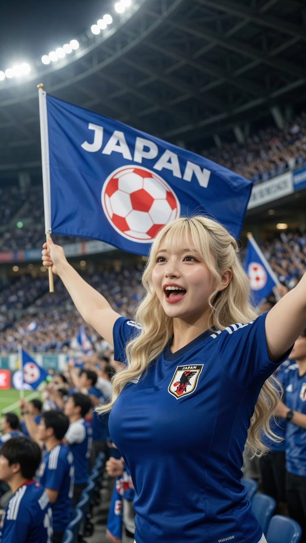 A blonde woman in a blue Japan soccer jersey cheers enthusiastically at a night game, holding a Japan flag.