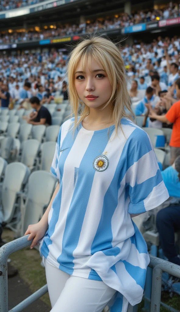 Young blonde woman in an Argentina soccer jersey posing at a crowded stadium during a World Cup event.