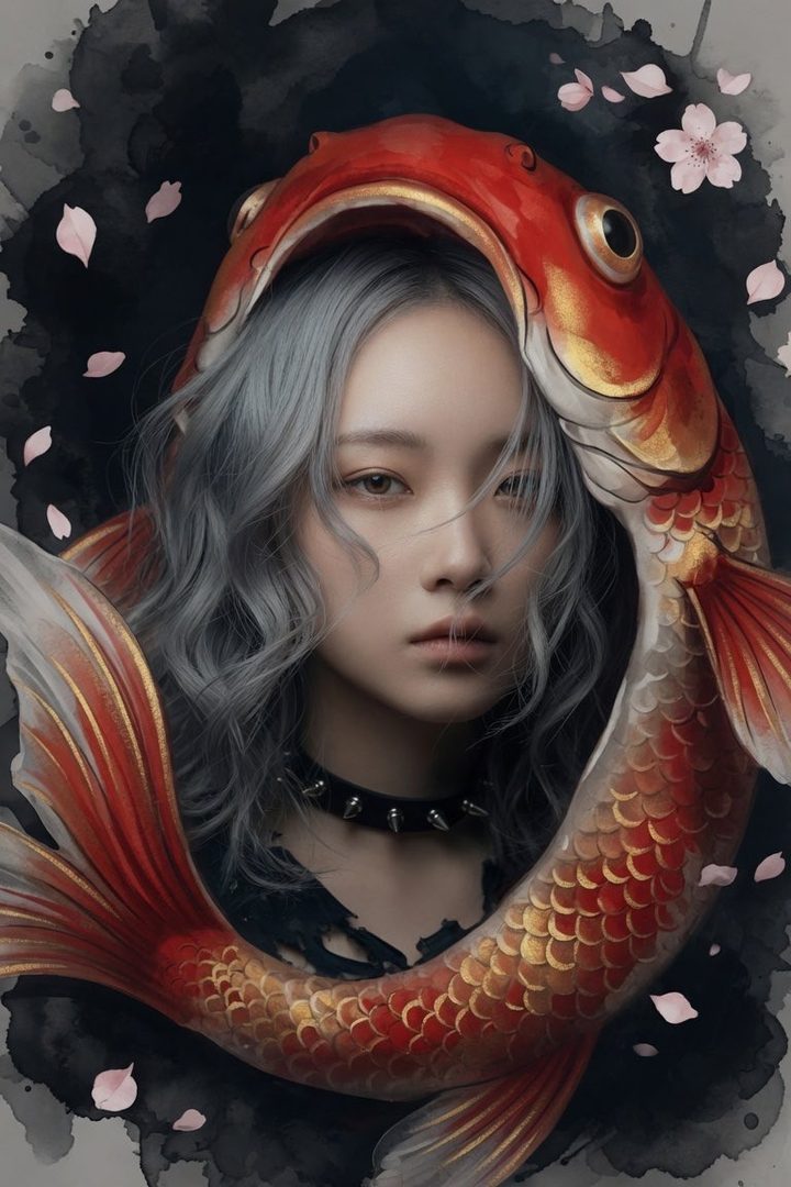 A fantasy portrait of a woman with silver wavy hair, wearing a spiked choker, framed by a large red and gold koi fish, with cherry blossom petals scattered on a dark watercolor background.