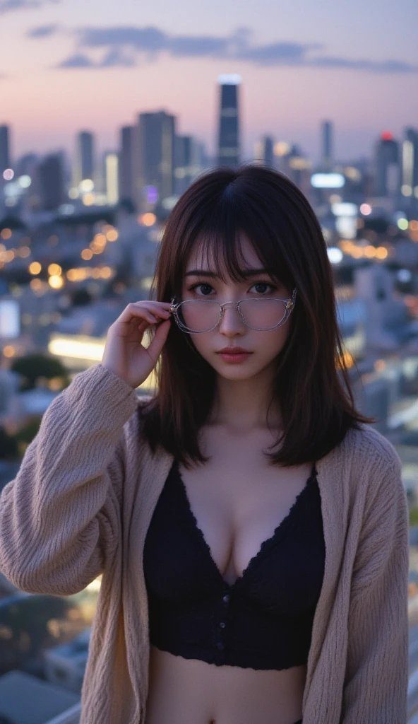A young woman with brown hair and glasses poses on a rooftop with a city skyline in the background at dusk.