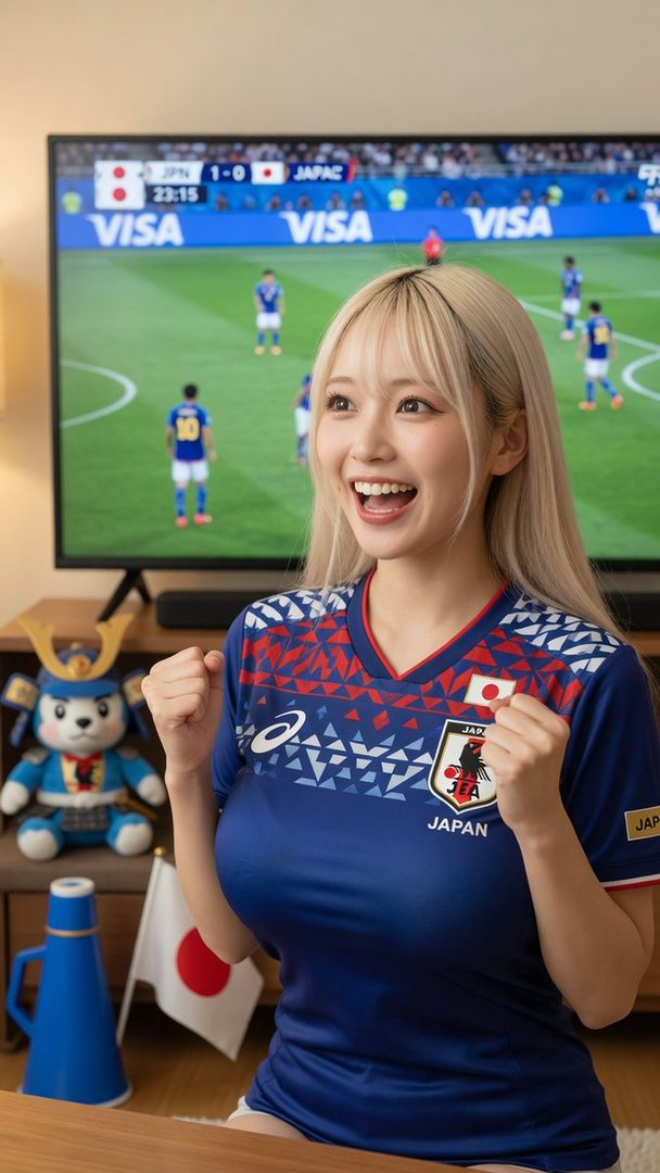 A cheerful blonde woman in a blue Japan soccer jersey watches a game on TV, with a Japanese flag and a samurai mascot nearby.