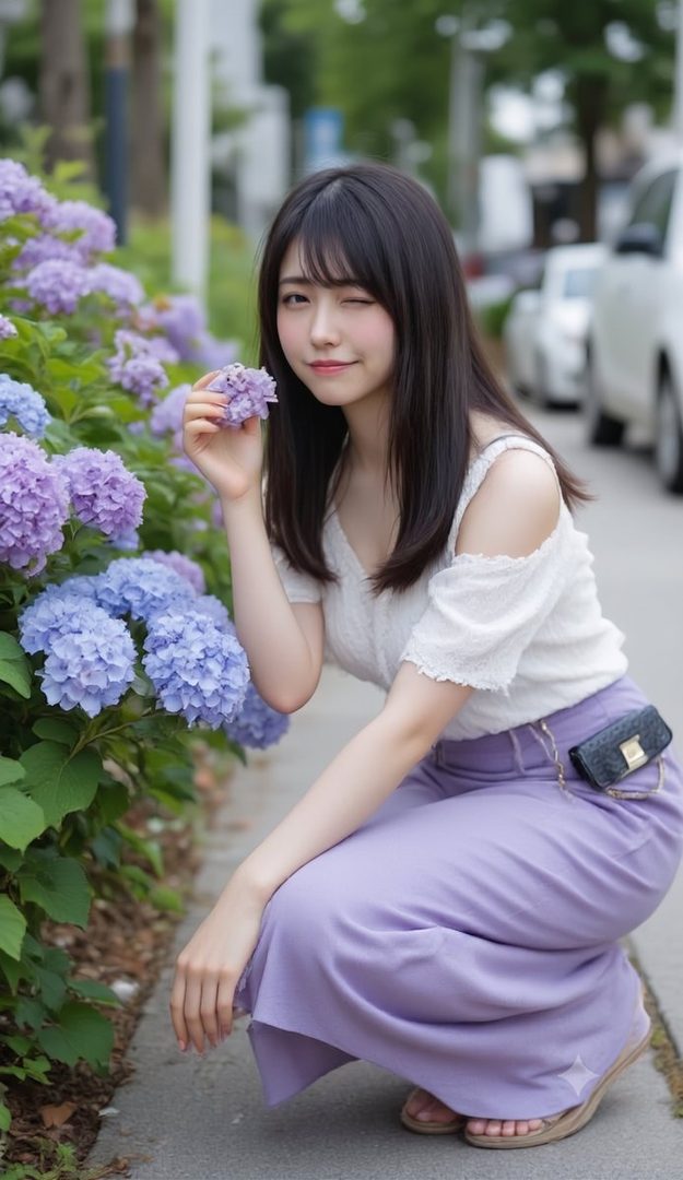 A young woman with black hair and bangs, wearing a white top and purple skirt, crouches next to purple hydrangeas and winks at the camera.