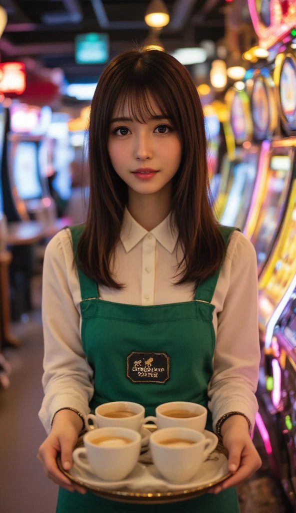 A young woman with long brown hair and bangs, wearing a white shirt and green apron, holds a tray with four cups of coffee in an indoor setting with blurred lights in the background.