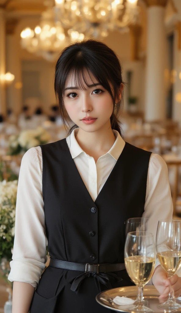 A photorealistic portrait of a young woman with black hair and bangs, wearing a white shirt and black vest, holding a tray with wine glasses in an elegant indoor setting.