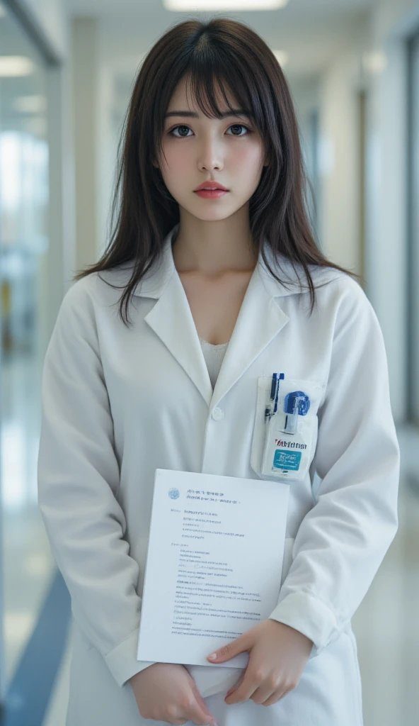 A young woman with long brown hair and bangs, wearing a white lab coat, stands in a bright indoor setting, holding a document.