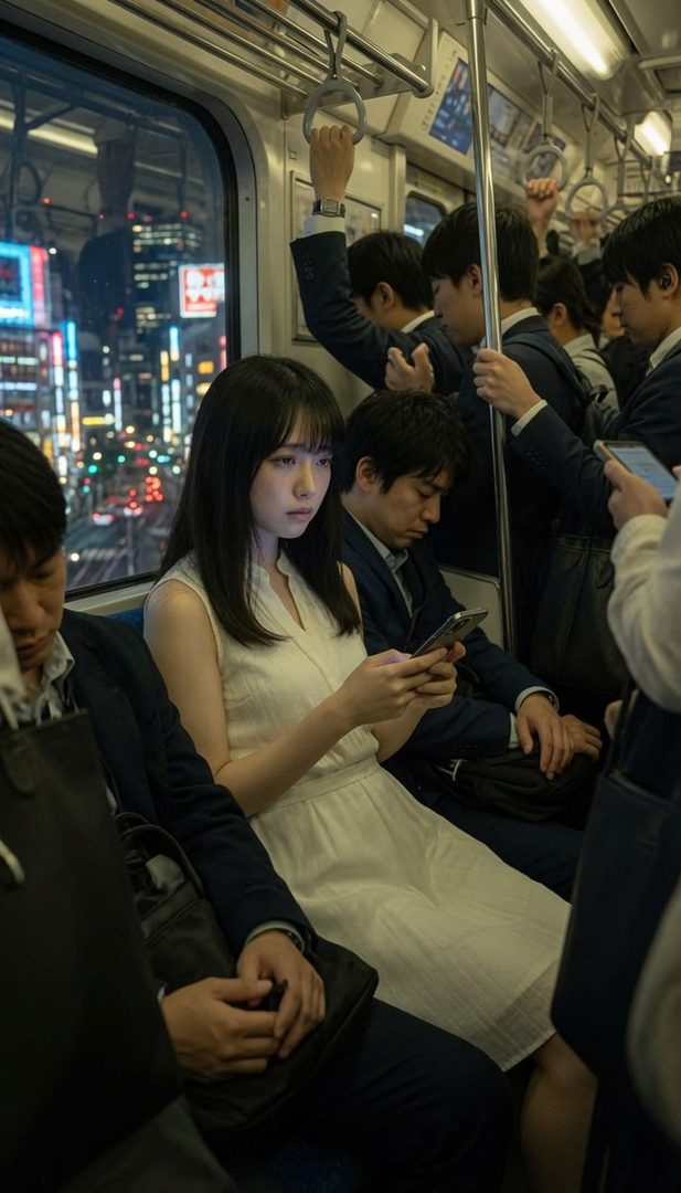 A young woman with long black hair in a white dress looks at her phone on a crowded train at night, with city lights visible outside the window.