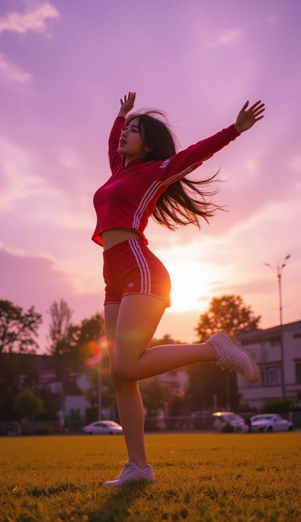 A young woman in red sportswear jumps playfully in a grassy field during golden hour.