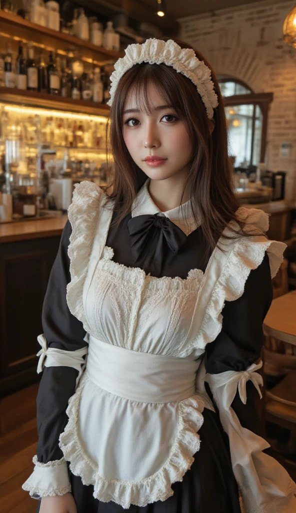A photorealistic portrait of a young woman with long brown hair and bangs, wearing a black and white maid outfit, standing indoors.