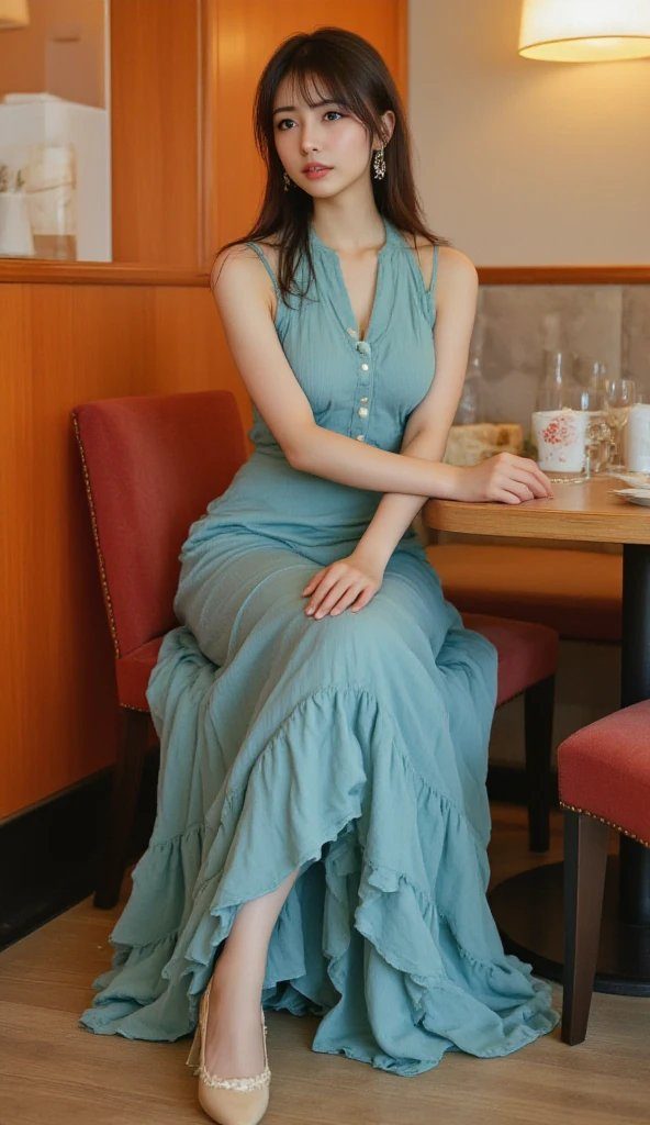 A beautiful woman with long brown hair and bangs sits at a table in a cafe, wearing a flowing teal dress and looking thoughtfully to the side.