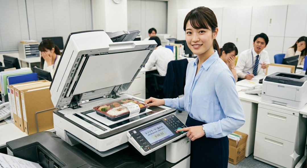 A young woman in an office setting is smiling at the camera while placing a bento box on a large printer, with other office workers in the background.