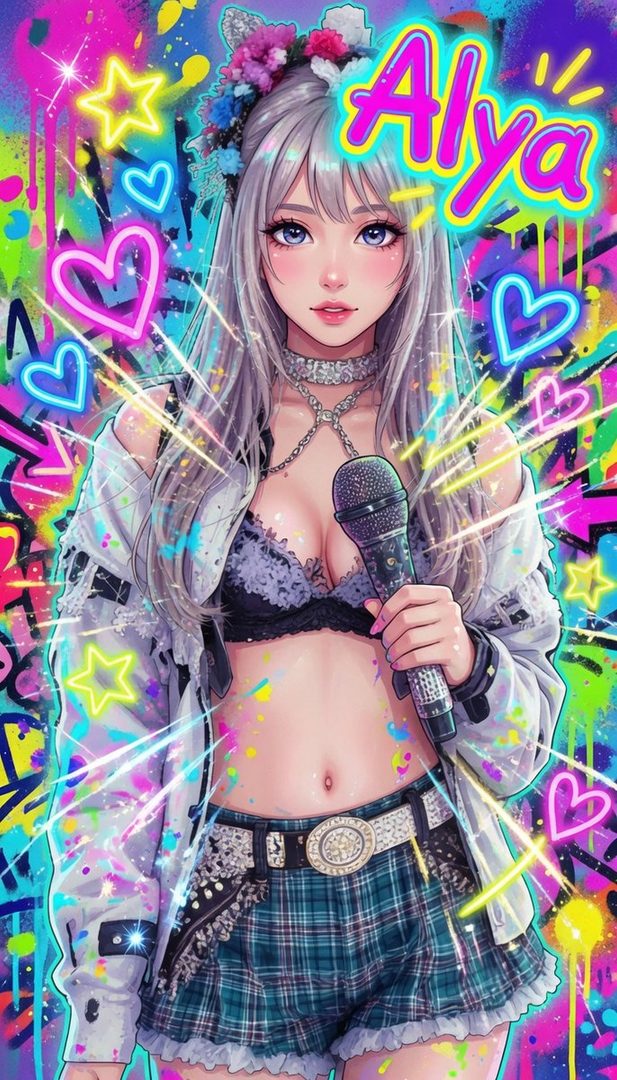 An anime-style girl with white hair and a microphone stands against a vibrant, graffiti-inspired background with neon hearts and stars.