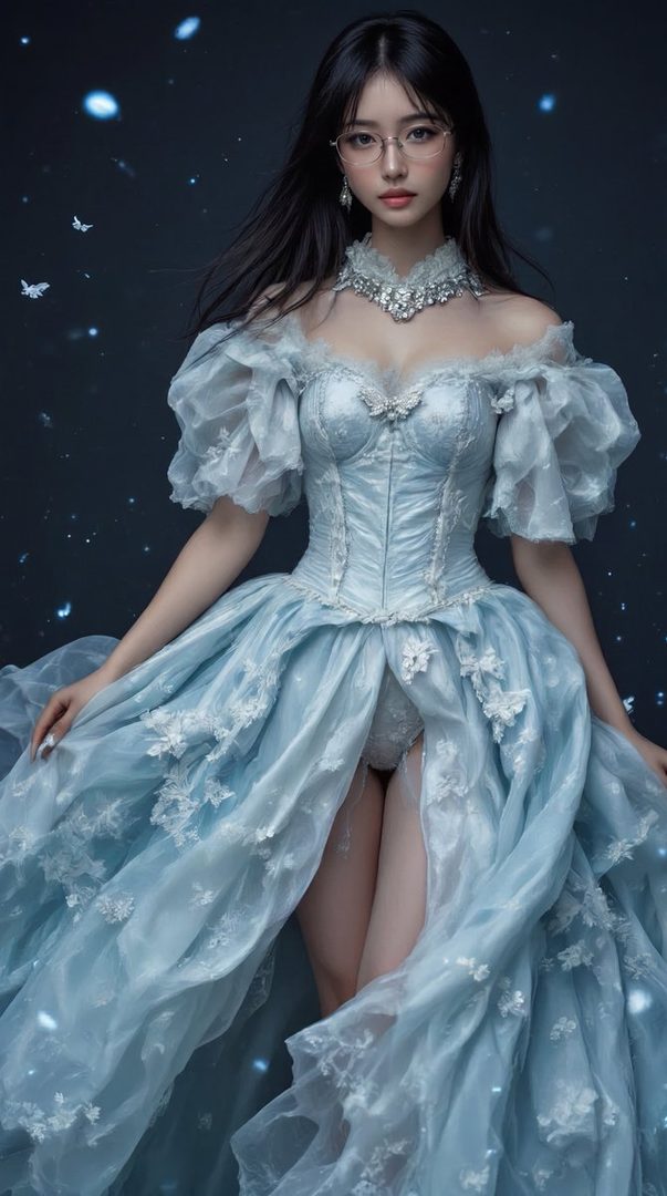 A beautiful woman with long black hair and glasses wears an elaborate light blue ball gown with a high slit, against a dark, starry background with glowing butterflies.