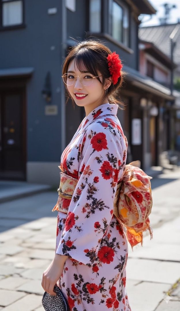 A smiling woman in a floral kimono and glasses stands on a street.