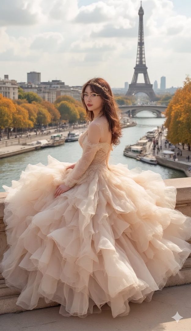 A woman in a voluminous beige gown with long brown hair and glasses looks back over her shoulder with the Eiffel Tower and Seine River in the background during autumn.