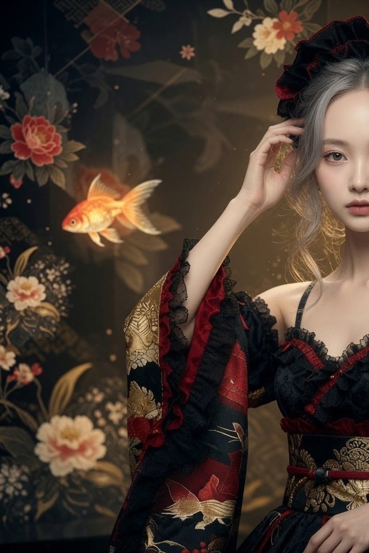 A woman with silver hair wears a black and red kimono-inspired dress with gold patterns, against a dark floral background with a glowing goldfish.