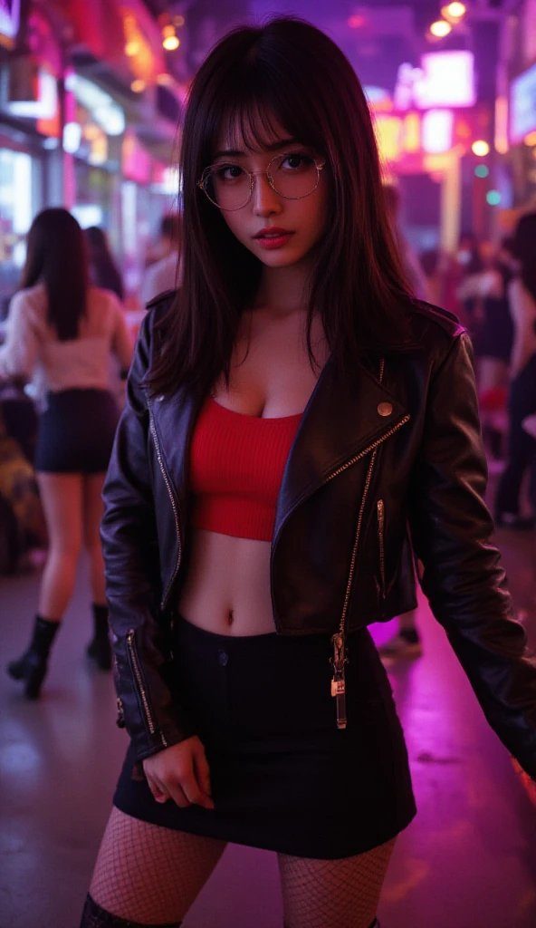 A young woman with long black hair and glasses wears a red crop top and black leather jacket in a neon-lit street at night.