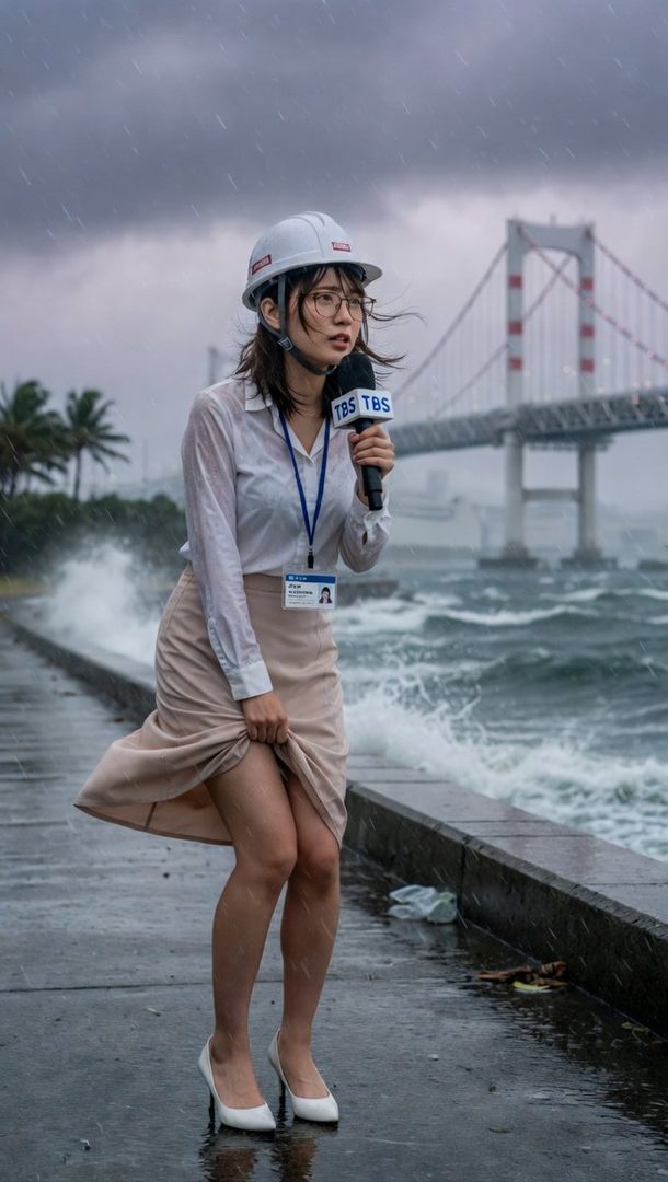 A female reporter in a hard hat and white shirt reports from a stormy waterfront with a bridge in the background.