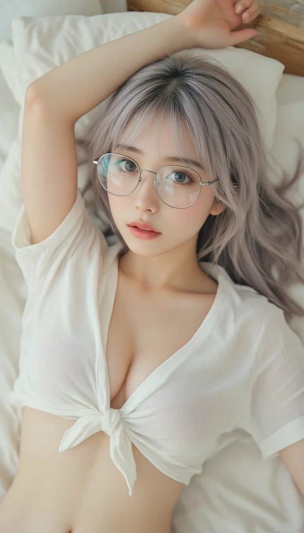 A young woman with silver hair and glasses lies on a bed, wearing a white tied-front top.