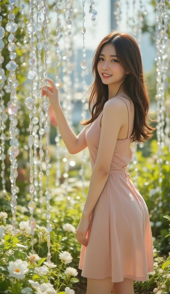 A beautiful woman with long brown hair smiles gently while standing in a garden adorned with crystal chains.
