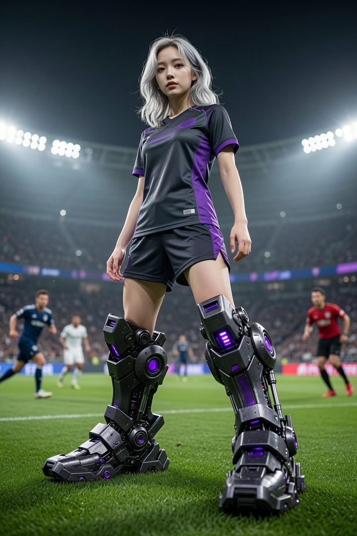 A woman with silver hair wearing a black and purple soccer jersey and futuristic leg armor stands on a soccer field at night.