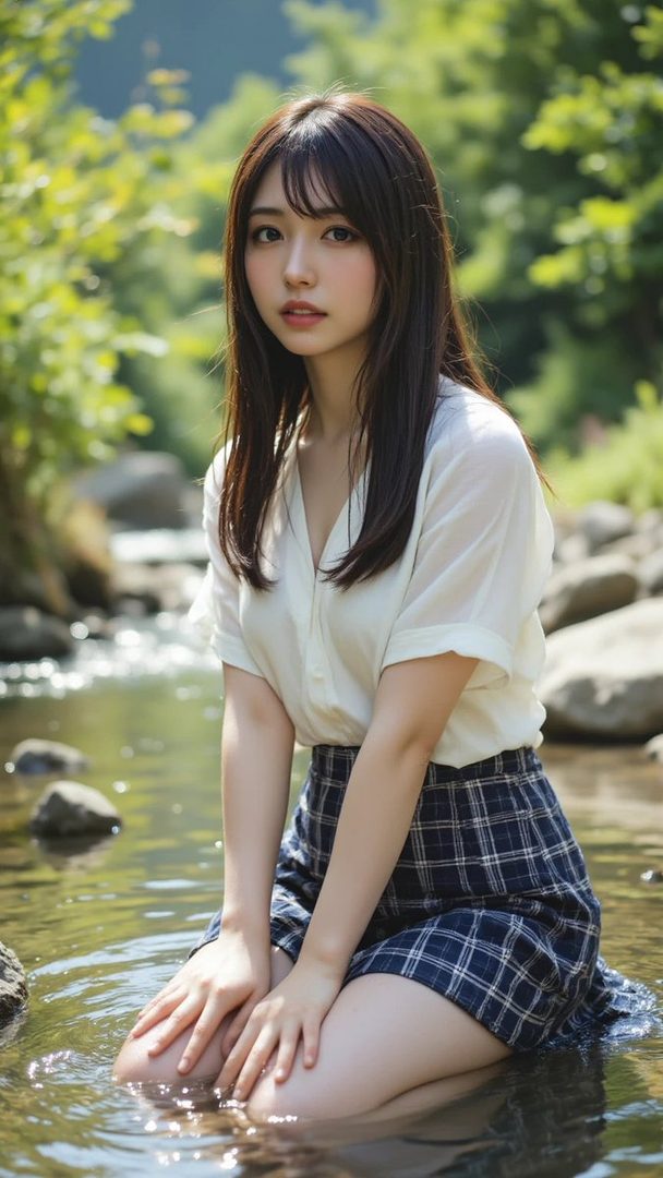 A young woman with long brown hair and bangs, wearing a white shirt and plaid skirt, kneels in a shallow river surrounded by lush greenery.
