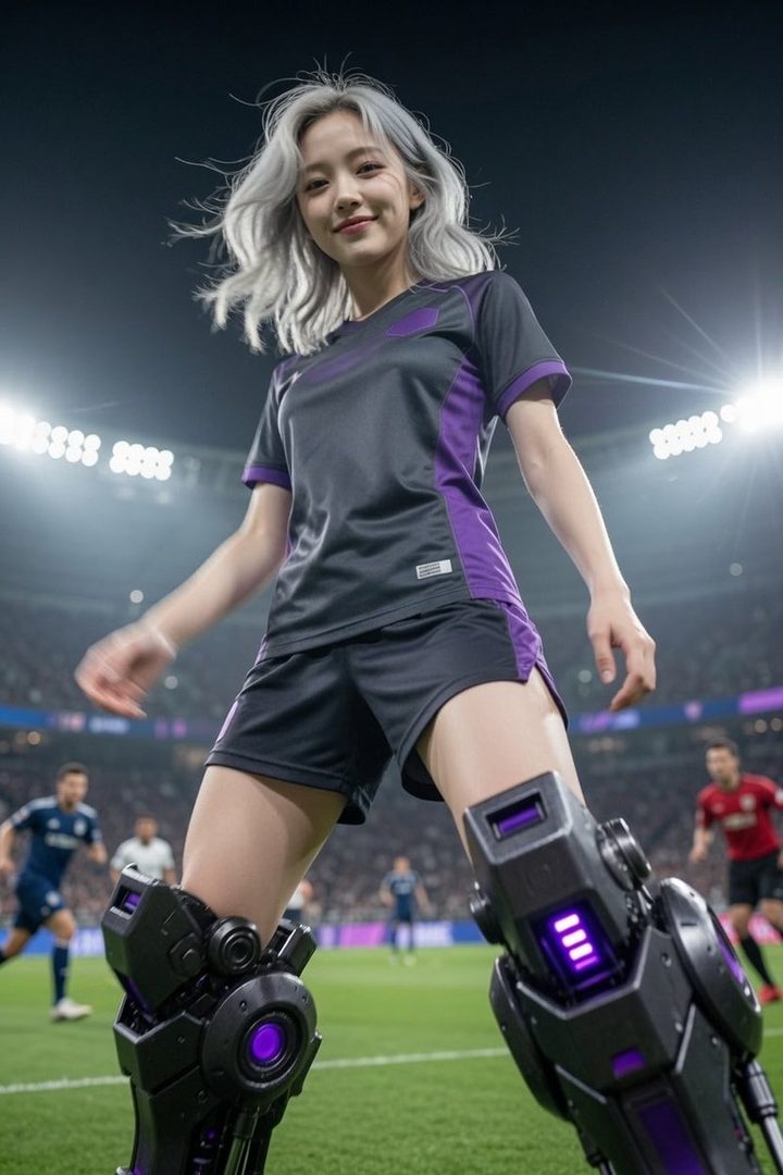 A young woman with silver hair and robotic leg braces smiles confidently in a soccer uniform on a stadium field at night.