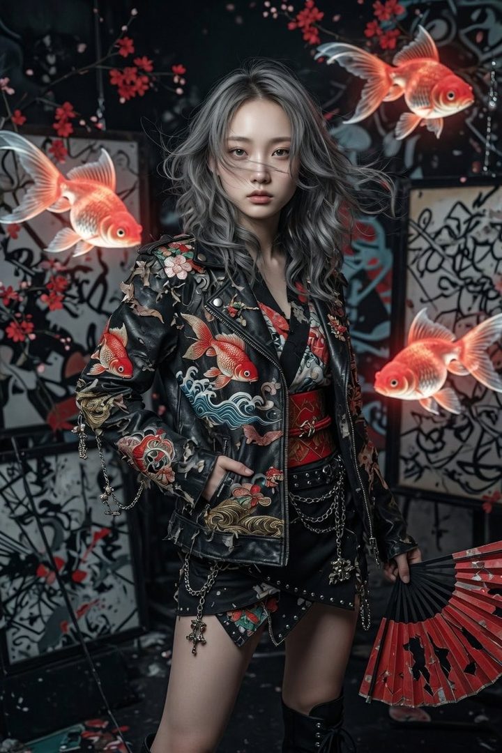 A woman with silver wavy hair wears a black leather jacket embroidered with goldfish and cherry blossoms, a kimono top, and a studded skirt, holding a red fan, against a graffiti background with floating goldfish.
