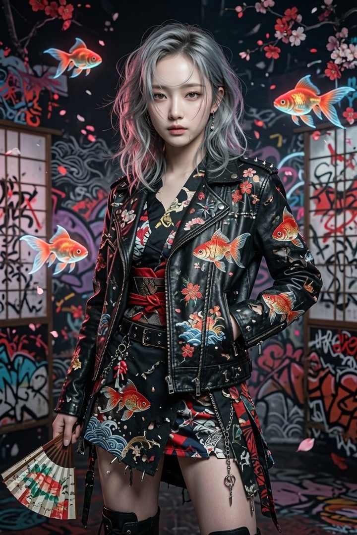A woman with silver hair wears a black leather jacket and skirt adorned with goldfish and cherry blossom patterns, over a kimono-style top, holding a fan in a graffiti-covered room with floating goldfish.