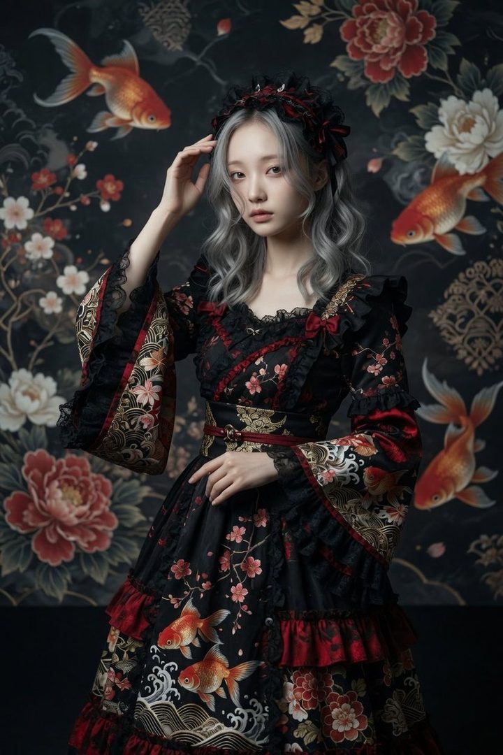 A woman with silver hair wears a black and red gothic lolita dress with Japanese-inspired floral and goldfish patterns, standing against a matching patterned background.