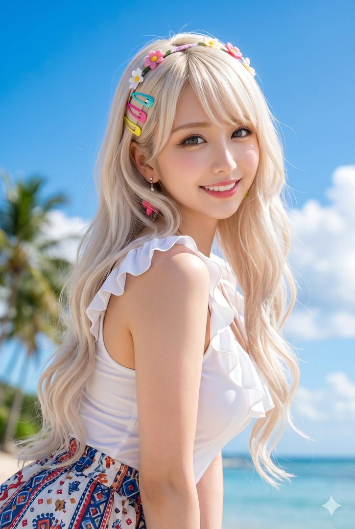 A smiling blonde woman with a floral headband and colorful hair clips poses happily at a sunny beach.