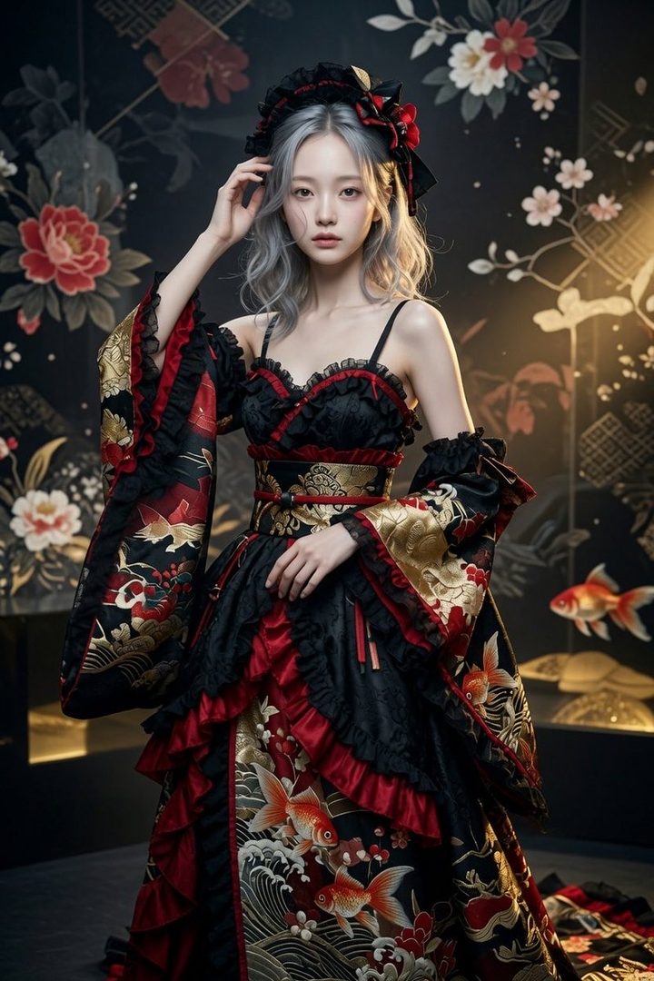 A woman with silver hair wears a black and red gothic lolita dress with Japanese-inspired patterns, standing in a traditional Japanese setting.