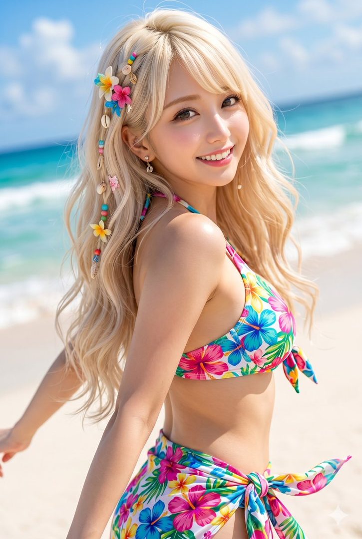 A smiling blonde woman in a floral bikini and sarong stands on a sunny beach with the ocean in the background.