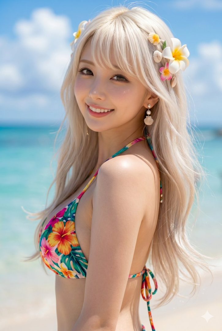 A smiling blonde woman with a flower crown and a floral bikini stands on a sunny beach.