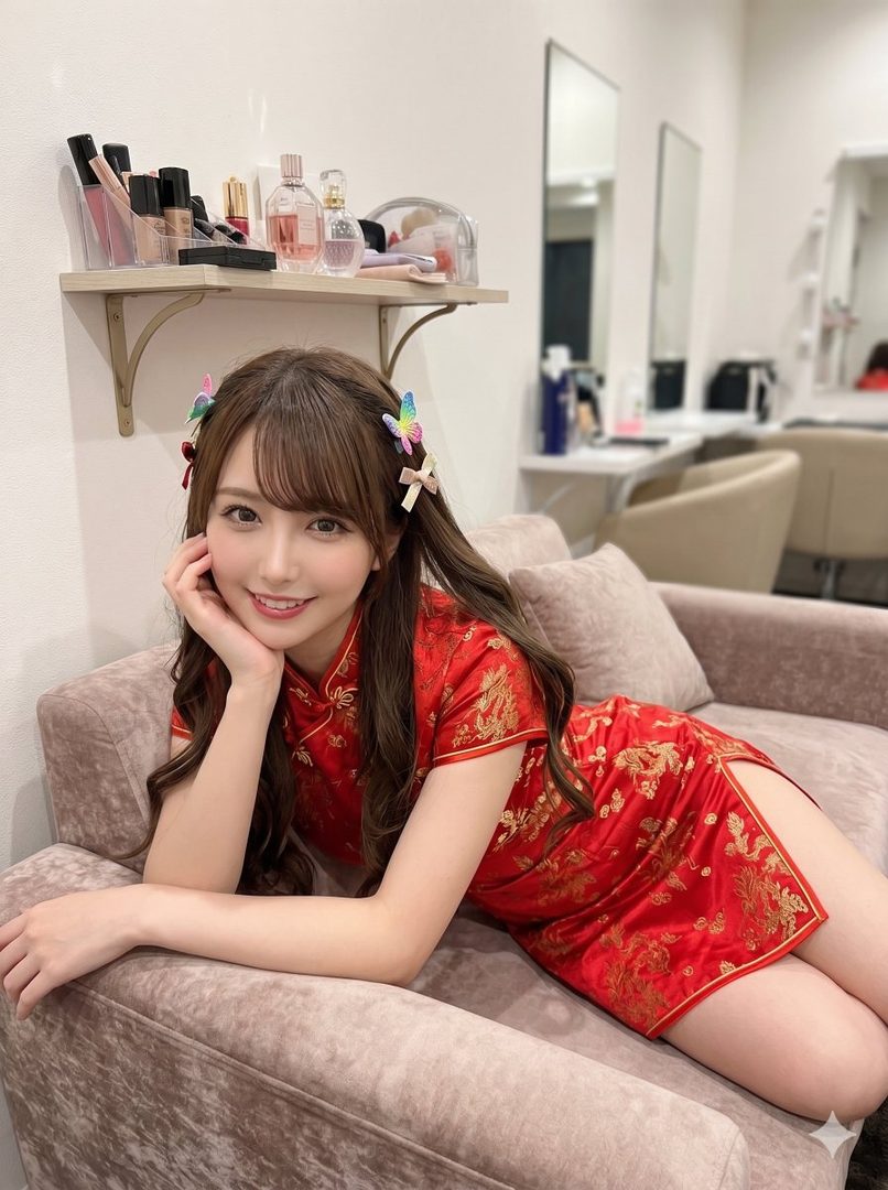 A cute woman with brown twintails and bangs, wearing a red cheongsam, smiles while lying on a sofa indoors.